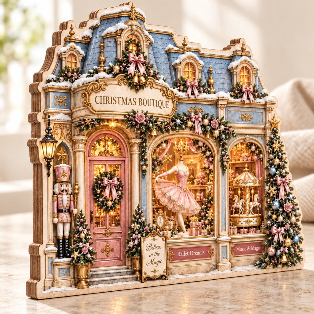 Shelf Sitter, Personalized Nutcracker Ballet Pink Holiday Village, Wood Mantel Decor for Christmas