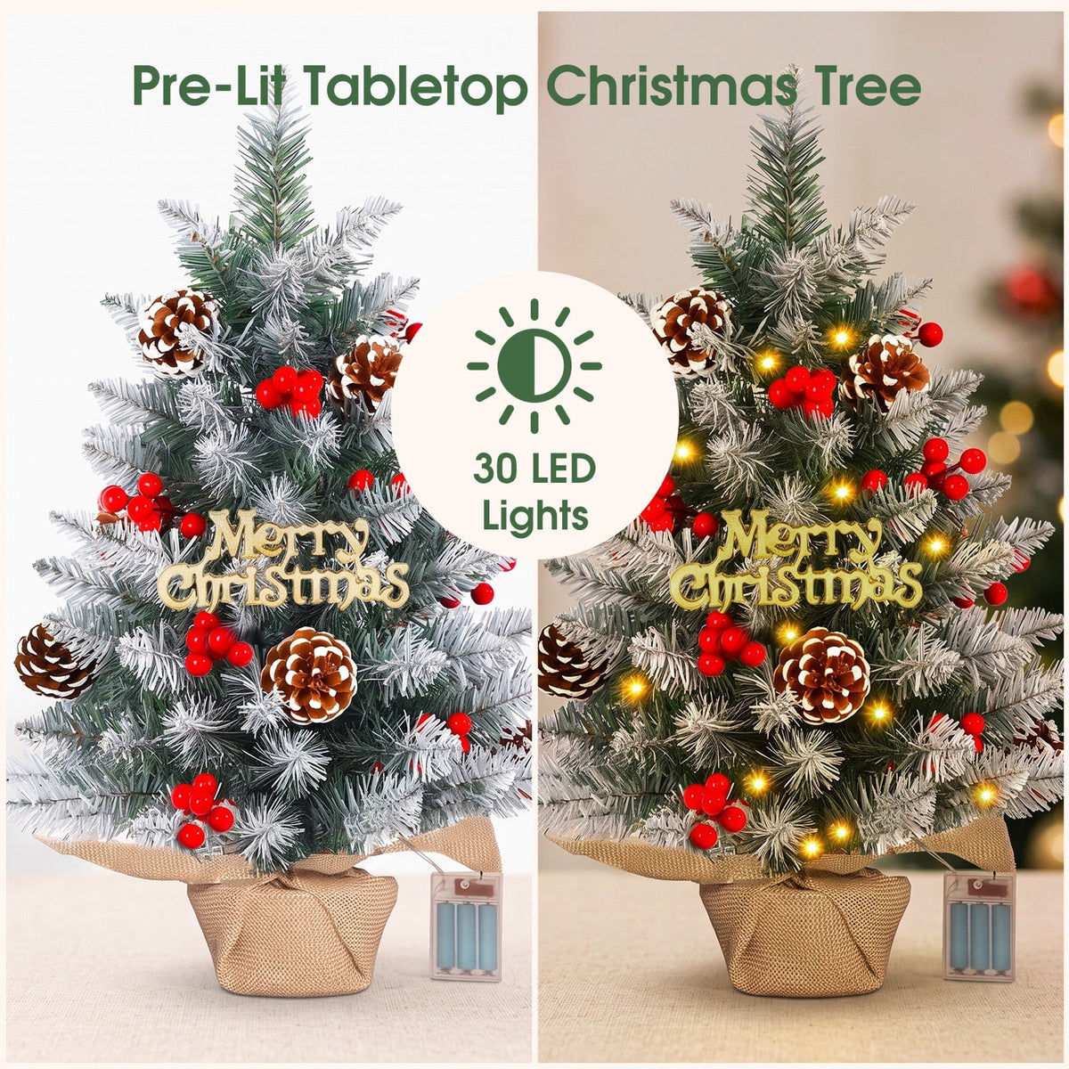 22" Mini Christmas Tree with 30 LEDs, Red Berries & Pinecones, DIY Kit, Battery Powered Tabletop Tree Christmas Decorations Gifts for Dorms, Offices, Home, Classrooms Desks & Small Spaces