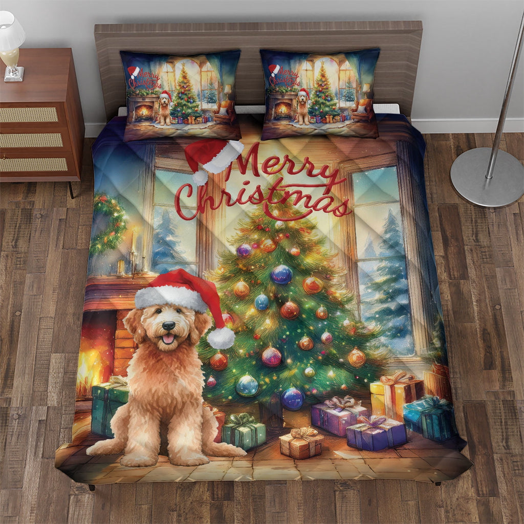 Merry Christmas French Bulldog Santa Hat Xmas Tree Winter Holiday Quilt Bedding Set Dog Lover Gifts 1 Blanket Bed Cover 2 Pillowcases - 01013