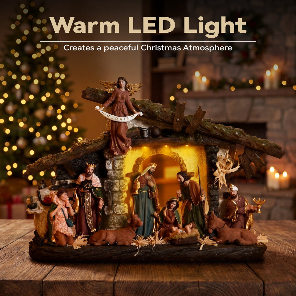 Ultym 20 inch Lighted Christmas Nativity Scene Set of 12 with Rustic Stable