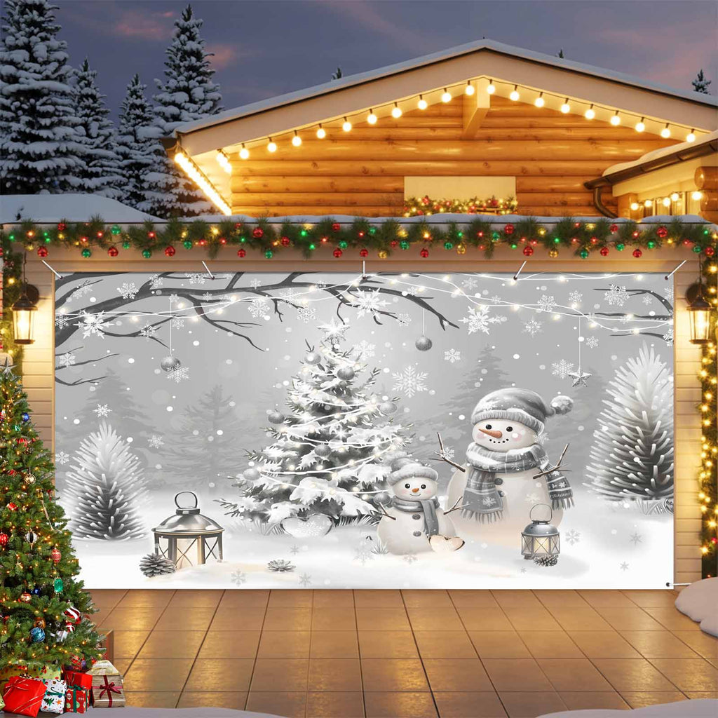 Fsddascl 7 x 16 Ft Christmas Garage Door Cover, Black Christmas Tree Large Garage Door Banner, Xmas Snowflake Green Golden Hanging Garage Mural Background for Indoor Outdoor Xmas Party Supplies