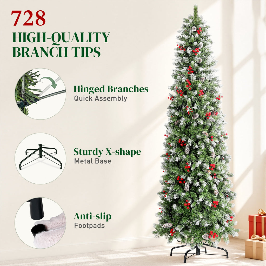 Aufeile 6ft Pencil Christmas Tree, Slim Pre-Lit Xmas Tree, 200 LED Lights, 600 Hinged Tips, Pine Cones, Berries, Metal Stand