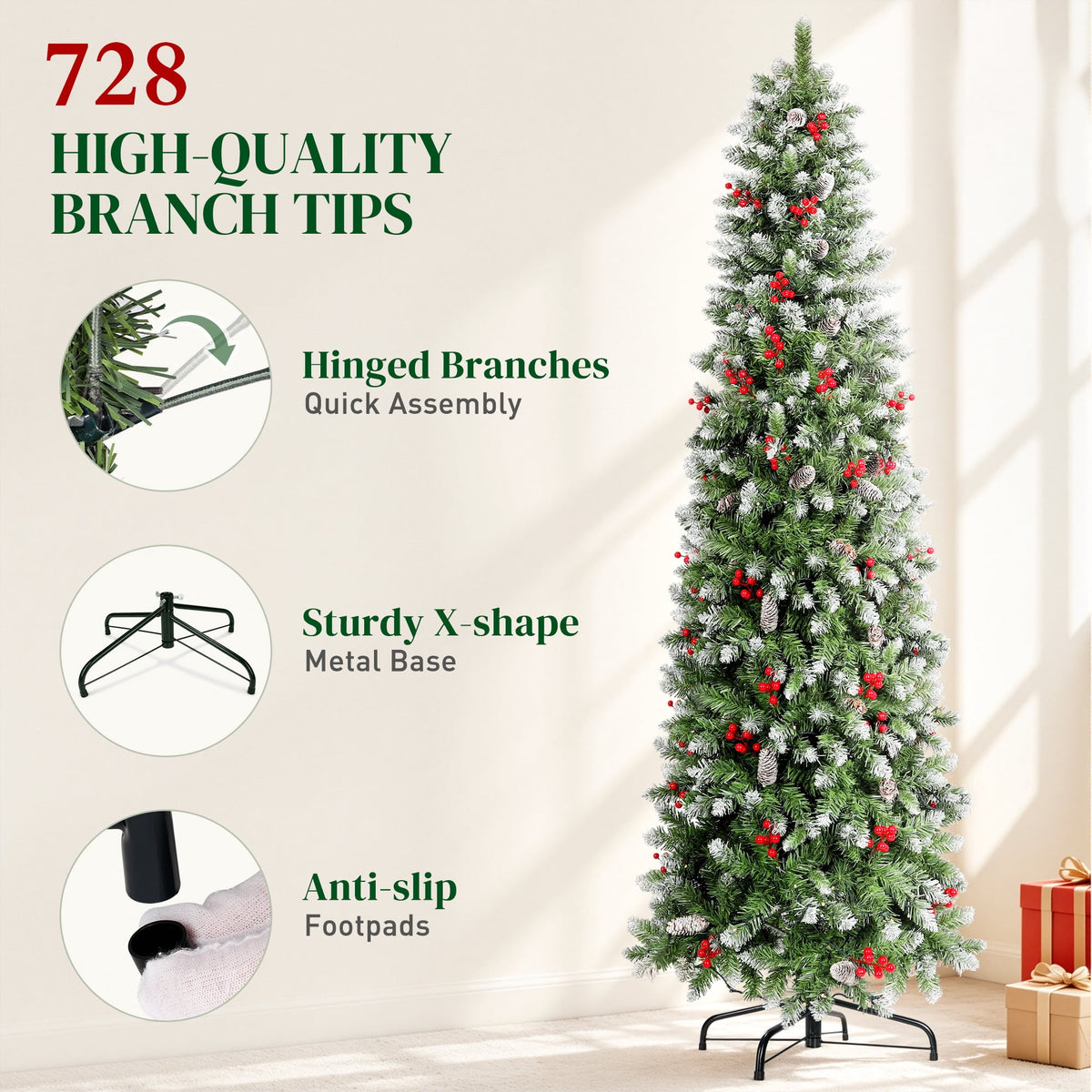 Aufeile 6ft Pencil Christmas Tree, Slim Pre-Lit Xmas Tree, 200 LED Lights, 600 Hinged Tips, Pine Cones, Berries, Metal Stand