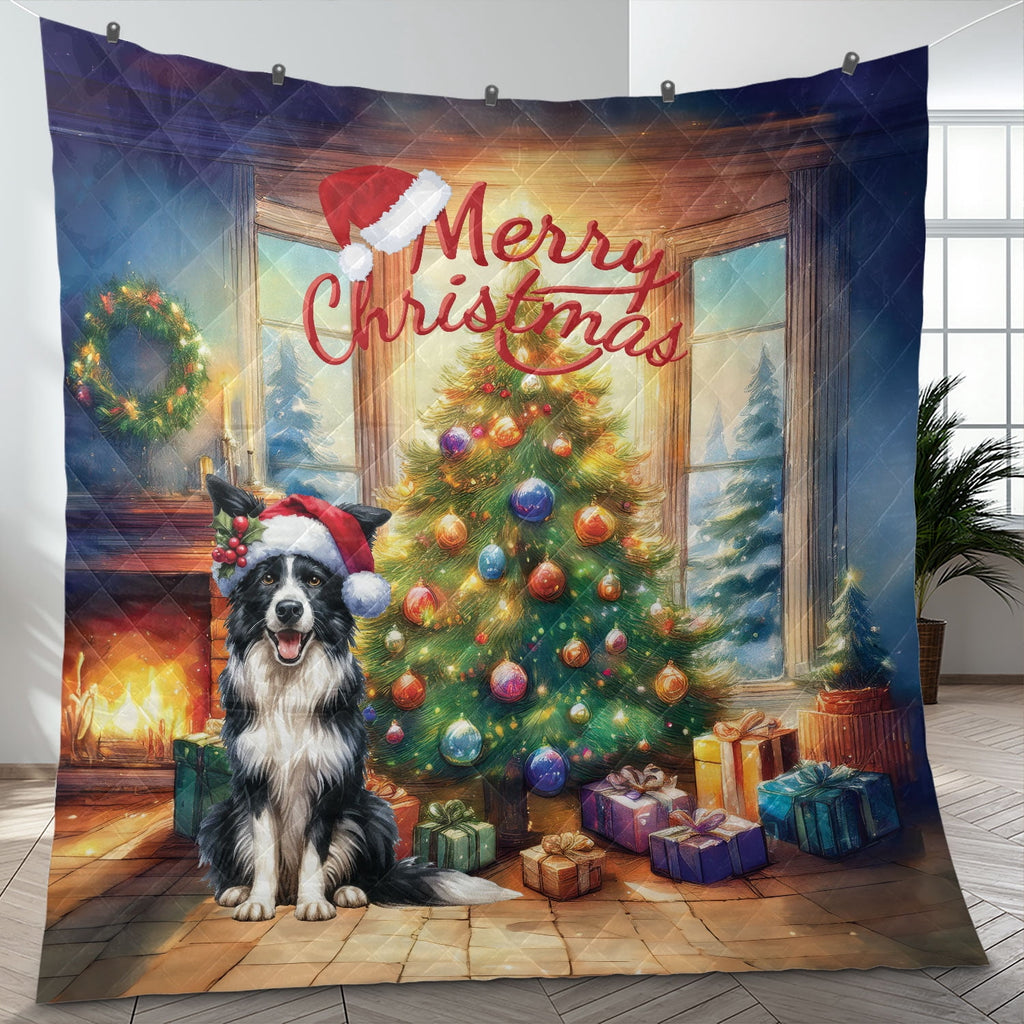 Merry Christmas French Bulldog Santa Hat Xmas Tree Winter Holiday Quilt Bedding Set Dog Lover Gifts 1 Blanket Bed Cover 2 Pillowcases - 01013