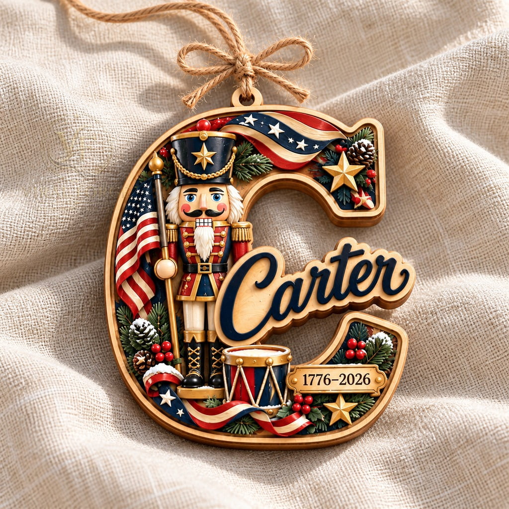 Christmas Ornament, Carter Initial C Nutcracker, 2 Layer Wood Tree Hanging, Patriotic Keepsake Gift
