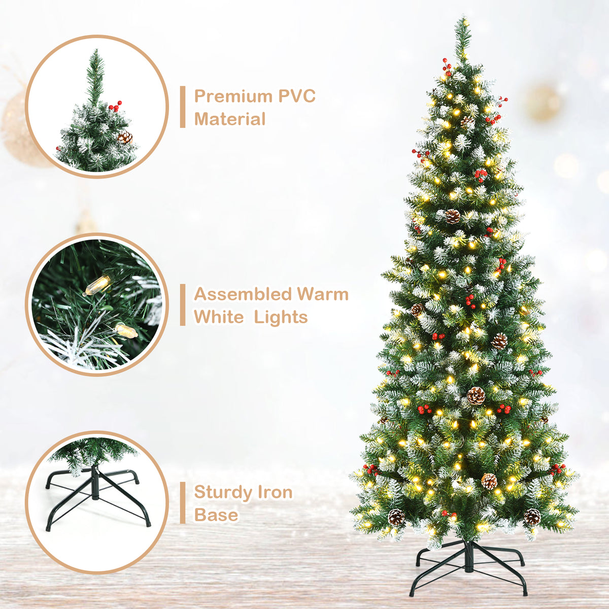 Topbuy 7ft Pre-lit Artificial Christmas Tree Slim Artificial Xmas Tree w/ 350 Replaceable LED Lights & 818 Branch Tips