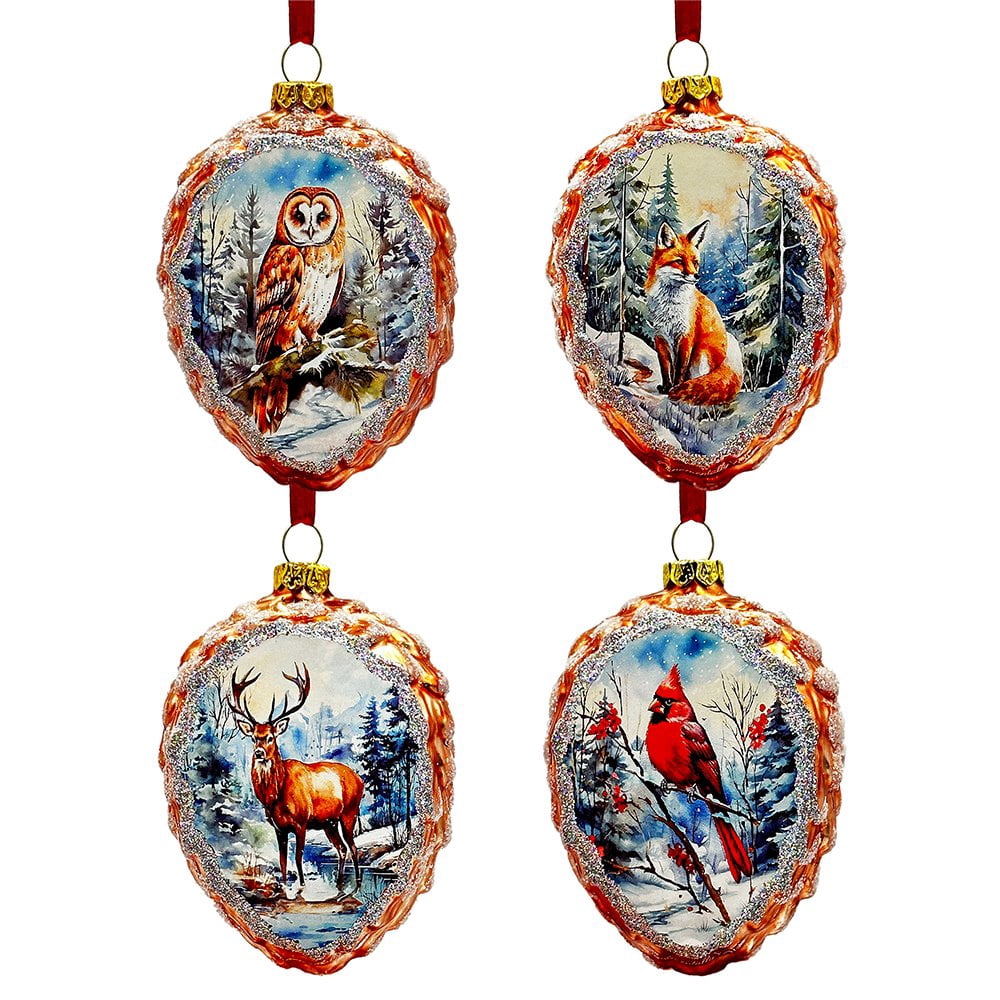 Illustrious Pinecone Beauties Woodland Animal Set of Four Glass Christmas Ornaments, Deer, Fox, Owl and Cardinal Vintage Winter Forest Decor