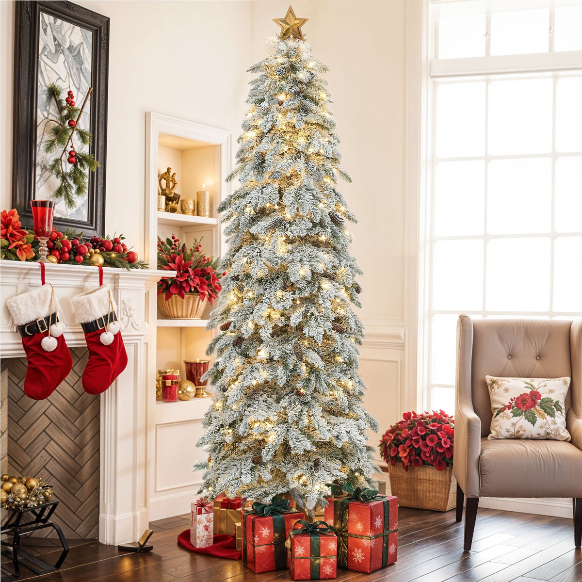 Uforic 9ft Pre-lit Flocked Pencil Spruce Christmas Tree with 1642 Branch Tips & 480 Lights, Remote Control, 11 Light Modes, White Flocked