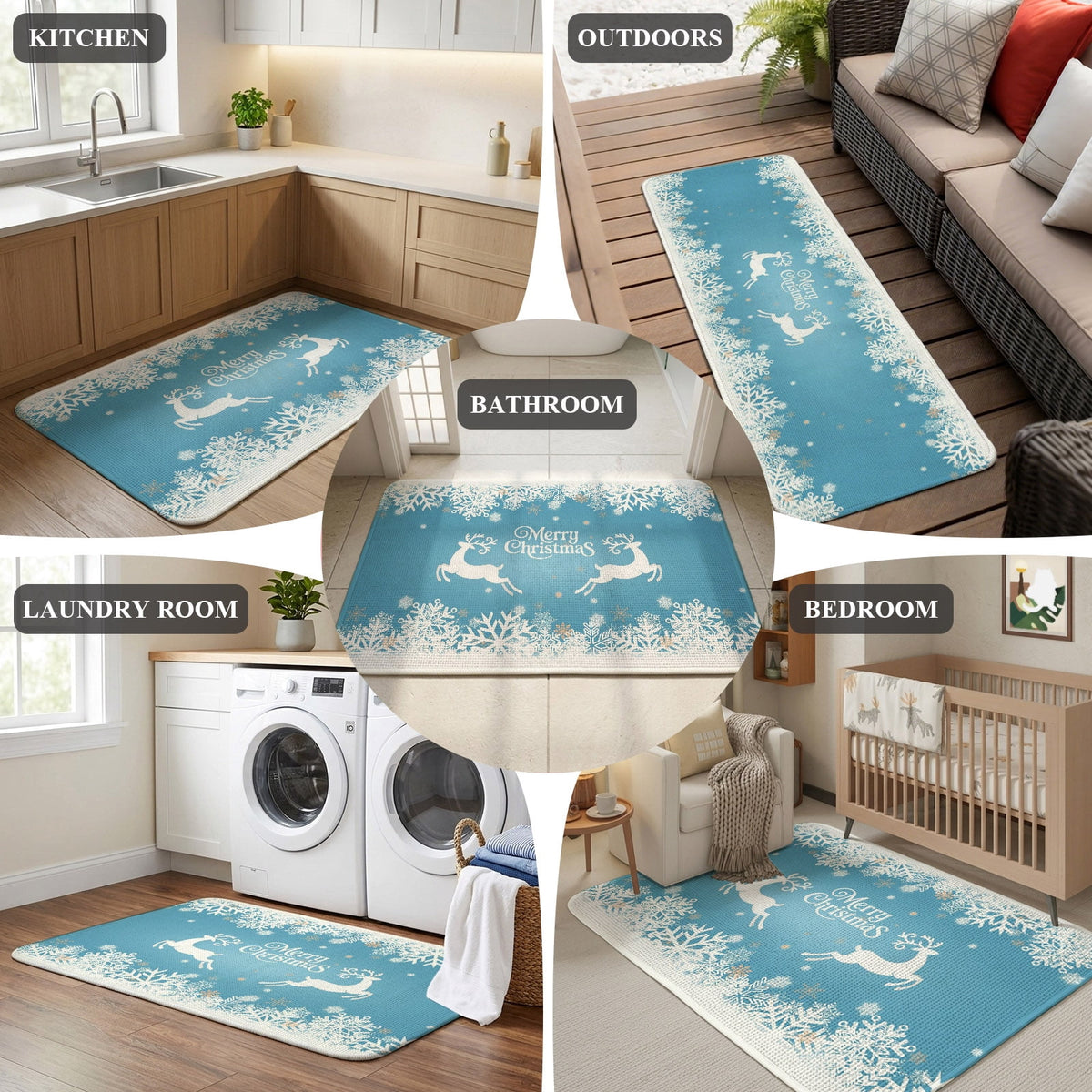 Black Christmas Washable Area Rugs for Living Room Bedroom, Large Non Slip Indoor Floor Carpet Absorbent Low Pile Elk Xmas Snowflake Winter Deer Door Mat Rugs for Bathroom Entryway 47.2"x63"