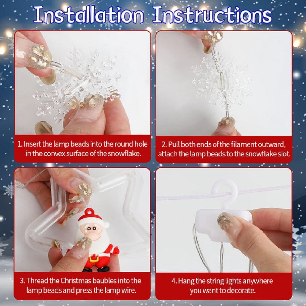 WILLED Christmas String Lights, 120 LED Window Curtain Lights with Christmas Ornaments, 9.8ft USB Powered Warm White Waterproof Fairy Lights Indoor Outdoor for Xmas Tree Patio Garden Party Home Decor