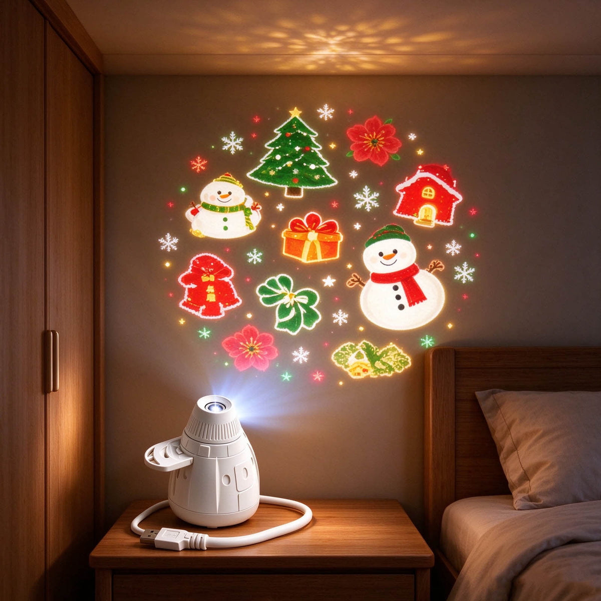 Magical Christmas Projection Night Light, USB Powered Holiday Projector with Festive Wall and Ceiling Effects for Bedroom, Living Room and Christmas Party Ambiance