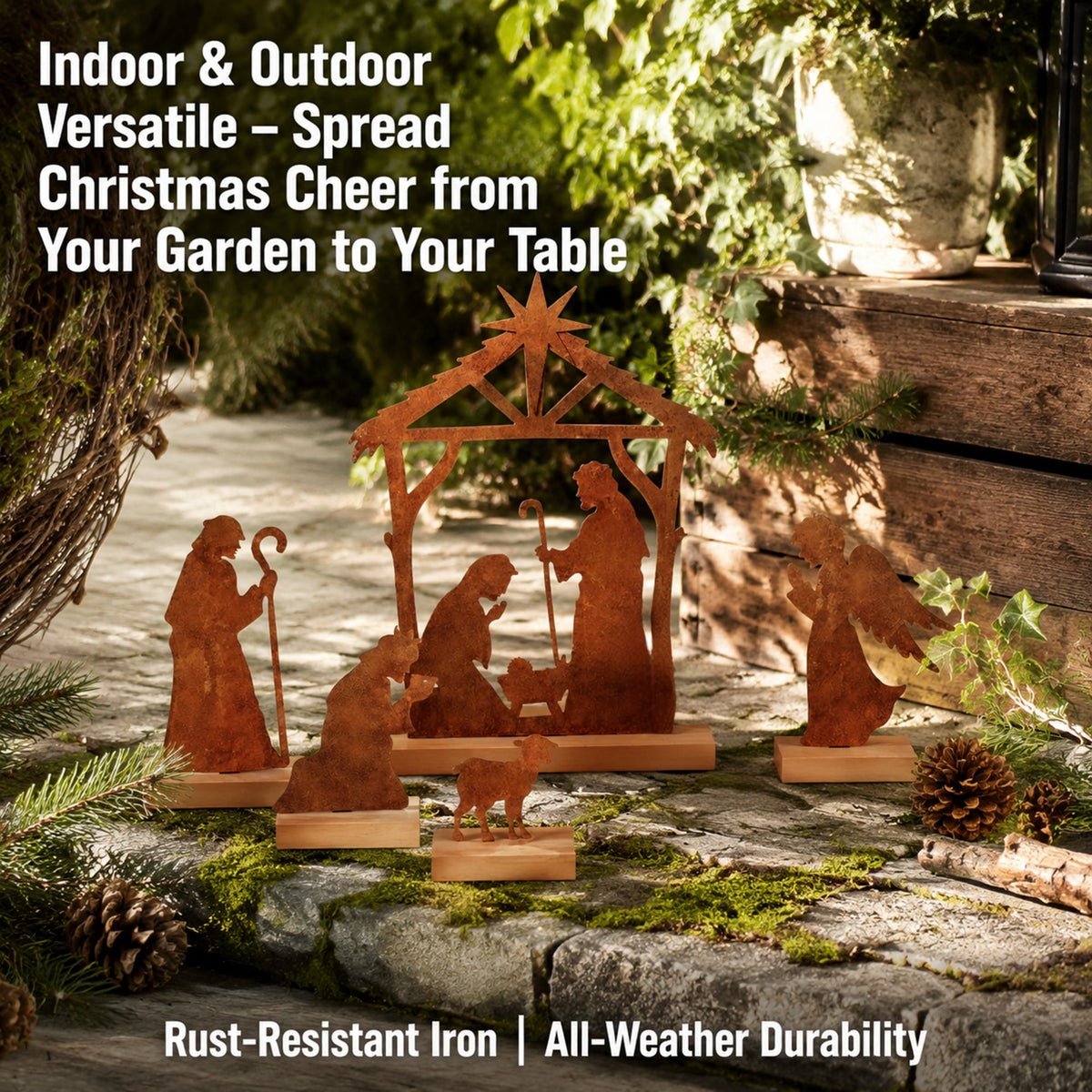 DIFELOP Christmas Table Decoration, Rustic Metal Nativity Scene with Wooden Base, 8-Piece Iron Craft Set for Home Decor, Vintage Style, Brown