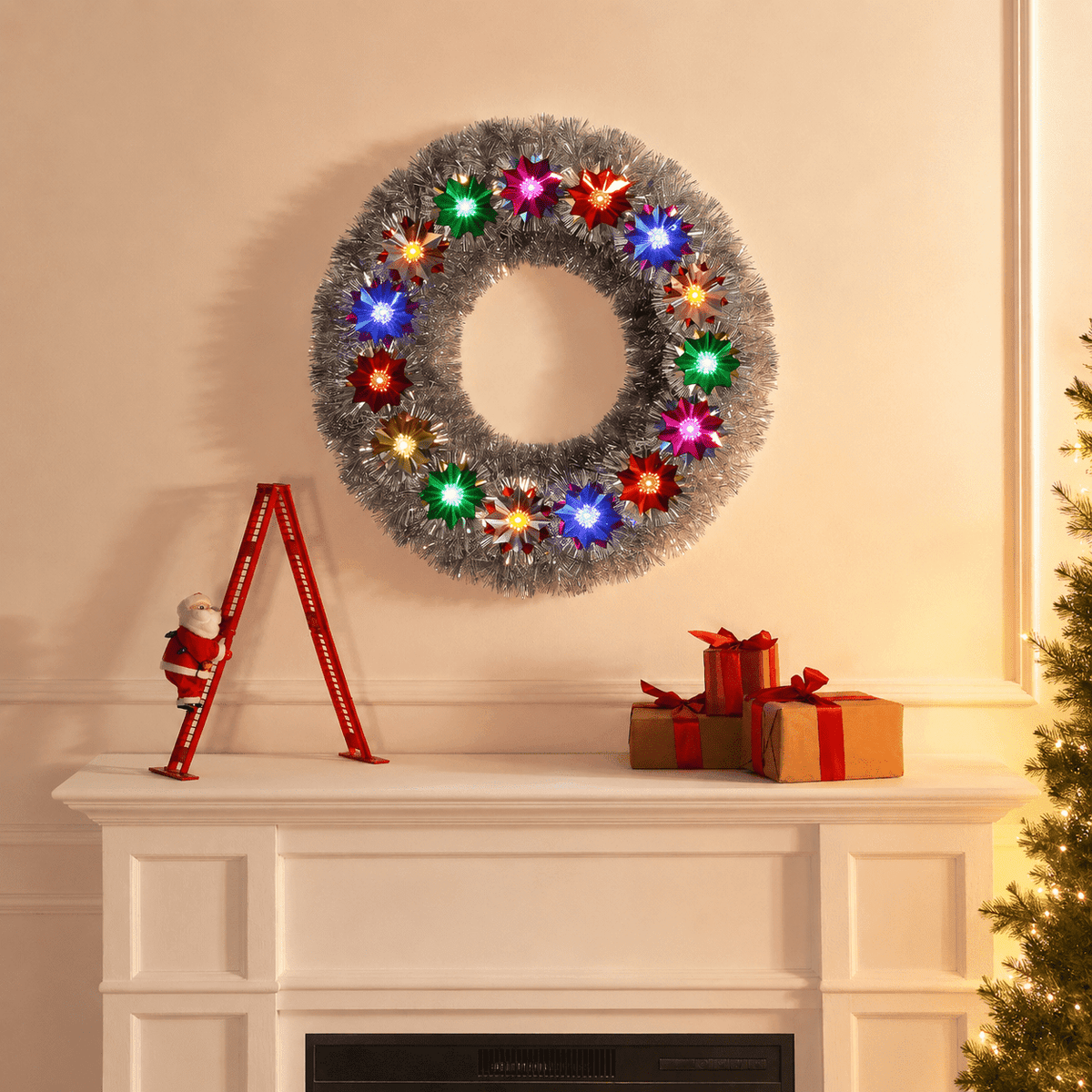 Mr. Christmas 30 in. Tinsel Wreath with Flower Pom-poms