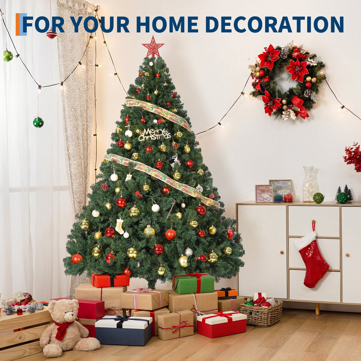 JoanKaren 7.5' Pre-Lit Green Artificial Christmas Tree,Metal Stand Full Xmas Tree with 600 Multicolor Lights