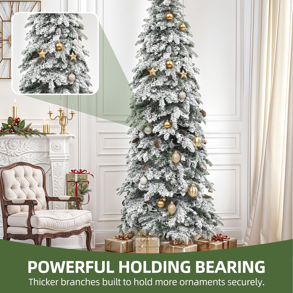 Uforic 9ft Pre-lit Flocked Pencil Spruce Christmas Tree with 1642 Branch Tips & 480 Lights, Remote Control, 11 Light Modes, White Flocked