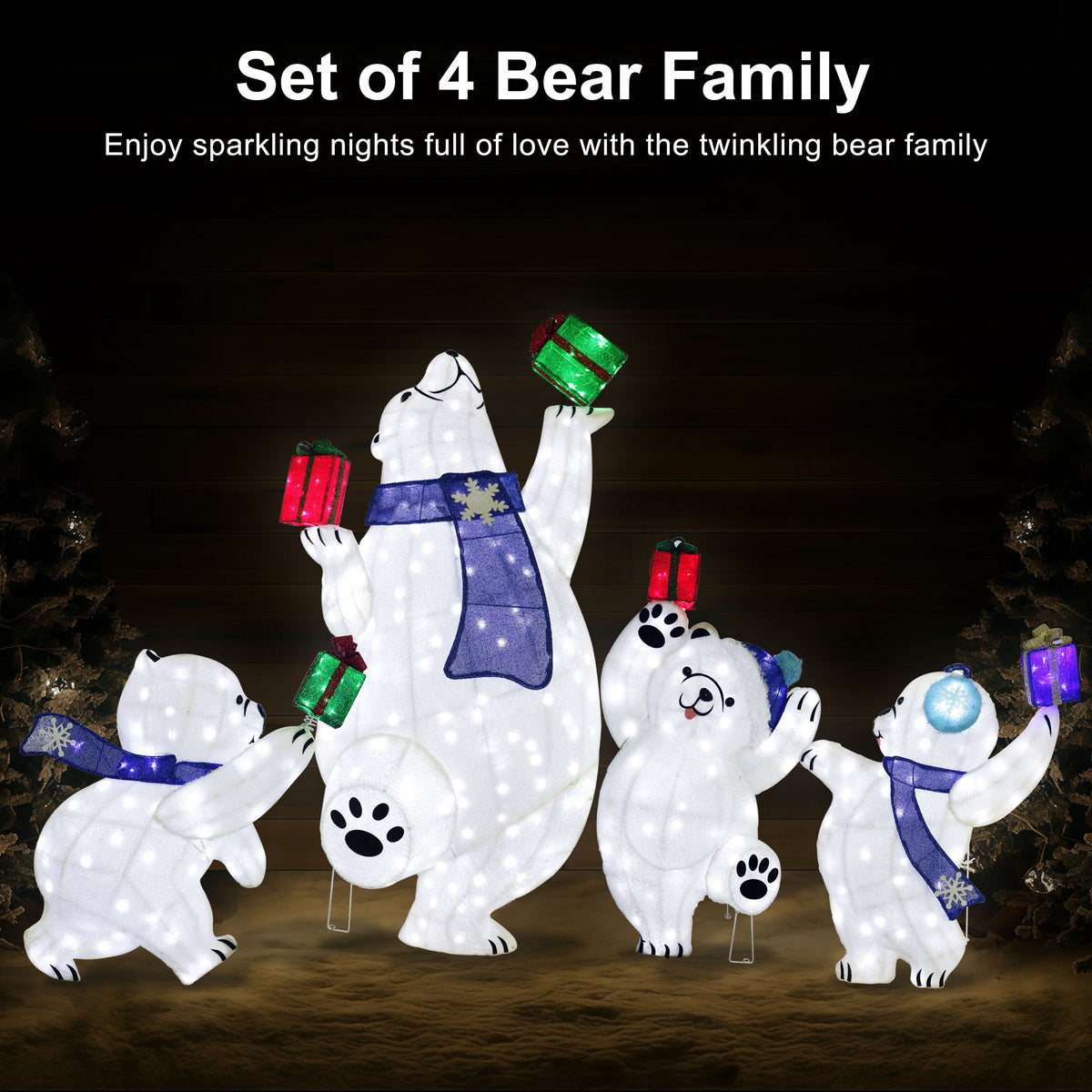 Set of 4 Pre-Lit Bear Family Christmas Holiday Décor with 450 Cool White Twinkling LED Lights