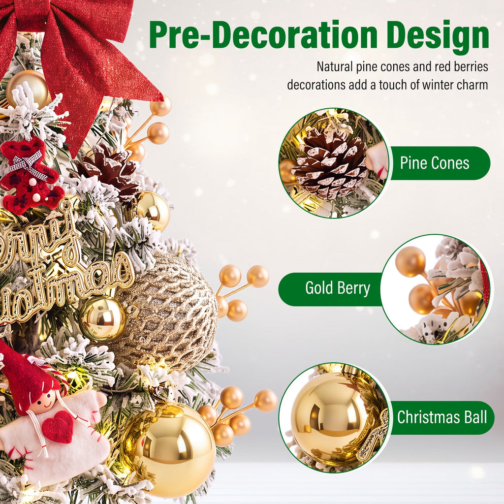 22" Mini Christmas Tree with 30 LEDs, Red Berries & Pinecones, DIY Kit, Battery Powered Tabletop Tree Christmas Decorations Gifts for Dorms, Offices, Home, Classrooms Desks & Small Spaces