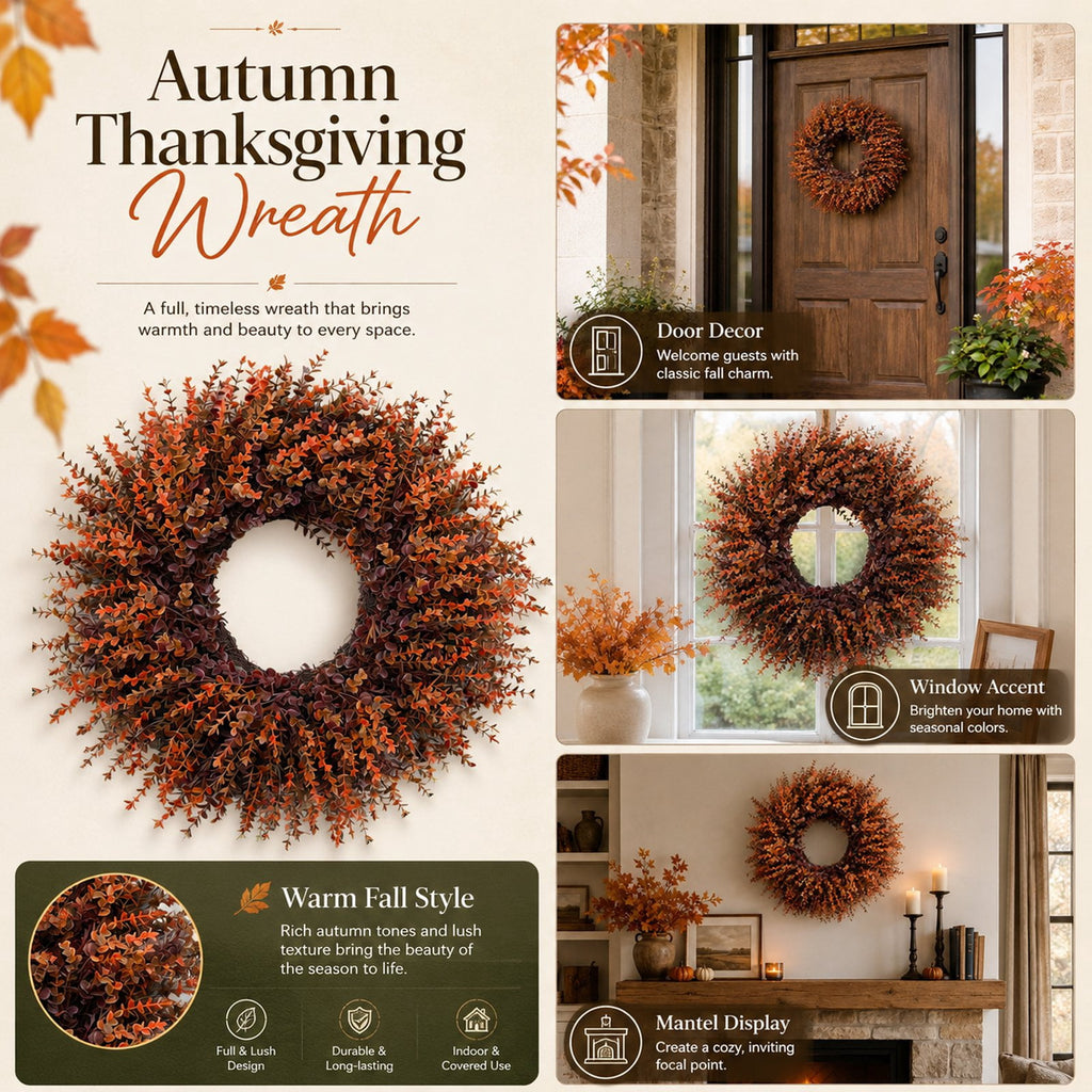 Wreath 28 Inch Artificial Faux Leaf Thanksgiving Wreath for Front Door Home Seasonal Decor