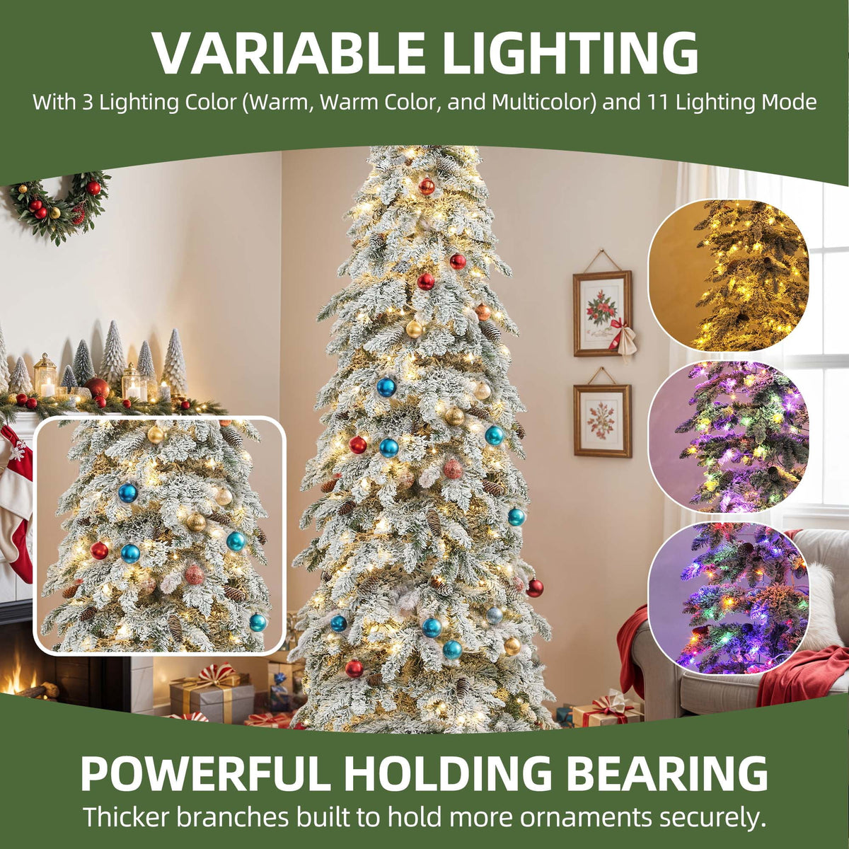 Uforic 9ft Pre-lit Flocked Pencil Spruce Christmas Tree with 1642 Branch Tips & 480 Lights, Remote Control, 11 Light Modes, White Flocked