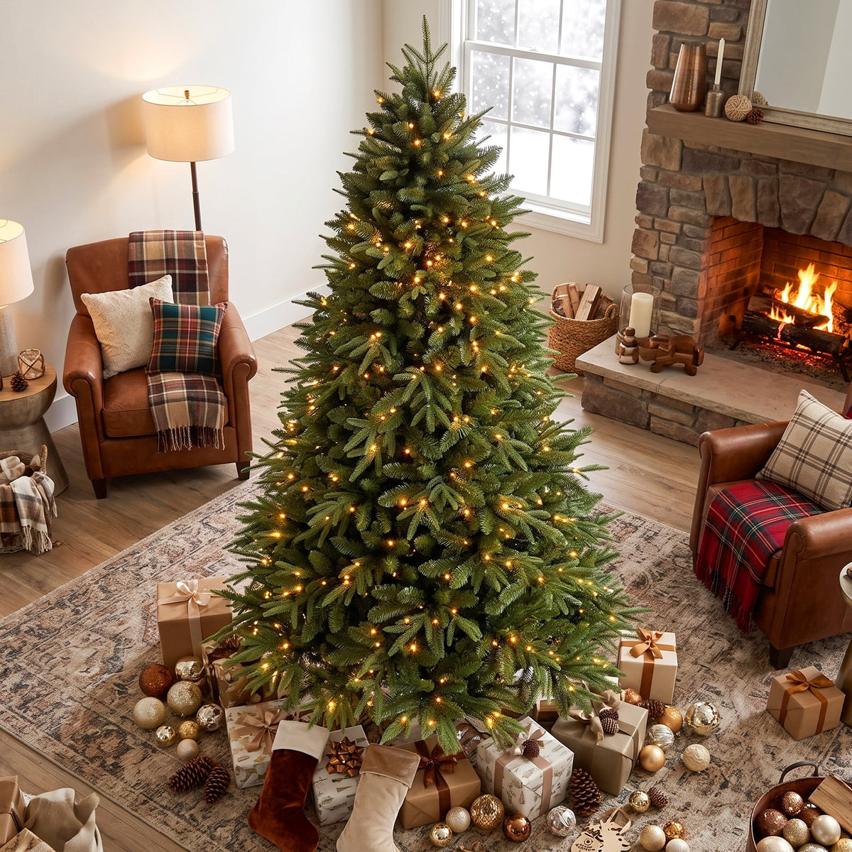 7ft Prelit Artificial Christmas Tree, 1300 PE/PVC Tips, Living Room Full Realistic Shape Spruce Xmas Tree with LED Lights, Foldable Metal Stand, Easy Assembly, for Home Office Holiday Decor