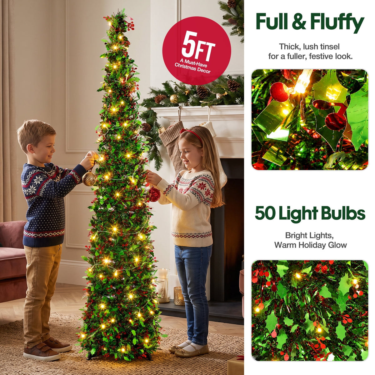 Ayieyill 5ft Pop up Christmas Tree,Color Artificial Pencil Tinsel Xmas Trees for Christmas Indoor Decorations, Collapsible Christmas Tree (Silver)