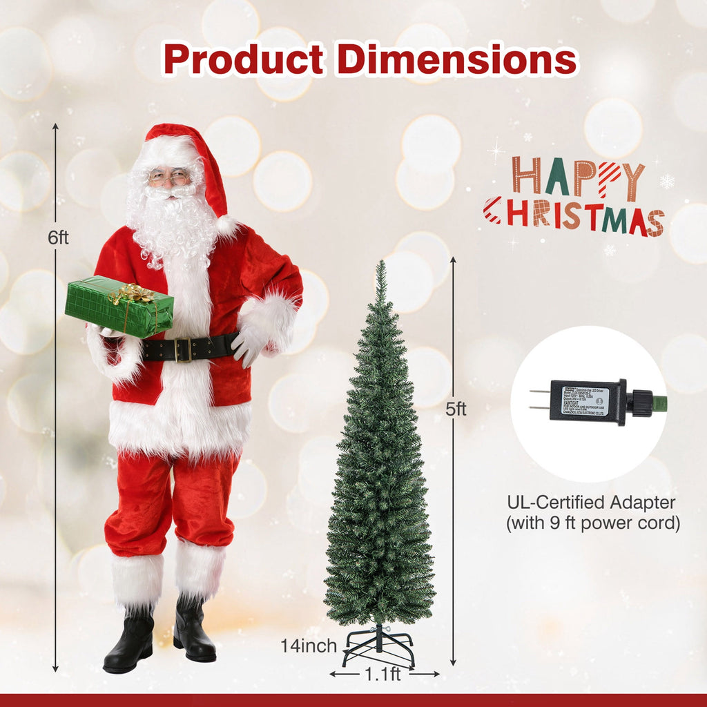 Gymax 9 FT Pre-Lit Artificial Christmas Tree Realistic Slim Pencil Xmas Tree