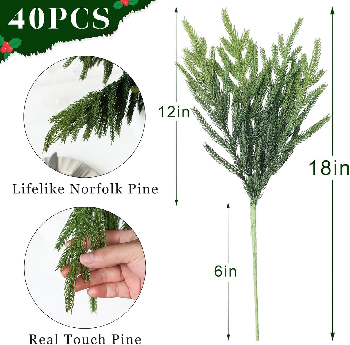 4 PCS Real Touch Norfolk Pine Branches, Artificial Christmas Green Plants Branch Faux Greenery Stem Fake Pine Picks for Vase DIY Crafts Garland Wreath Xmas Indoor Outdoor Decor(17.8 Inches)