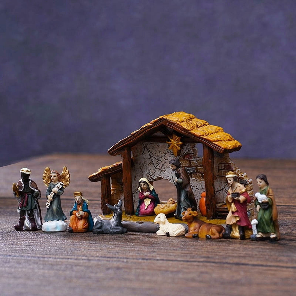 Nativity Set Christmas Indoor 16 Piece 2.36 inch Scene Statue Figurines Jesus Manger Crib Ornament Church Xmas Gift Home Decoration
