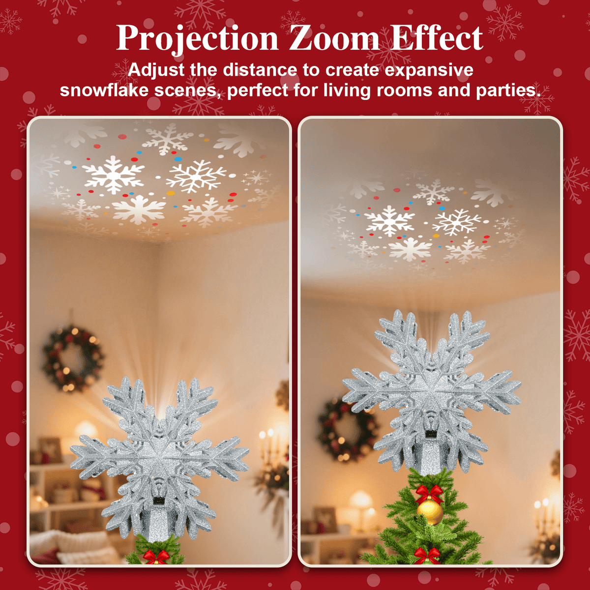 Christmas Tree Topper Lighted with Snowflake Projector, LED Rotating Magic Snowflake, 3D Hollow Glitter Lighted Snow Tree Toppers for Christmas Party Holiday Indoor Decor, Sliver