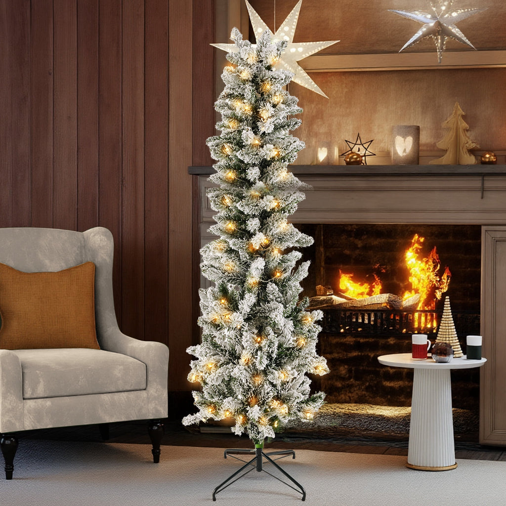 edx 6ft Pre-lit Pencil Christmas Tree, Green Artificial Spruce Slim Christmas Trees, With 250 LED Lights, 571 Branch Tips & Foldable Base, For Home, Office, Party Decoration