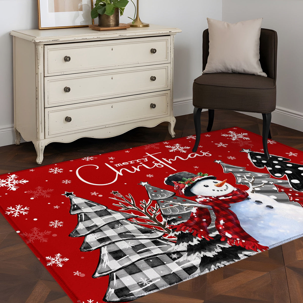 Area Rug 4x6 Ft, Red Christmas Non Slip Area Rugs for Bedroom, Xmas Snowman Snowflake Tree Black Grey Washable Low Pile Indoor Throw Carpet for Home Office Study Room Dining Room Nursery