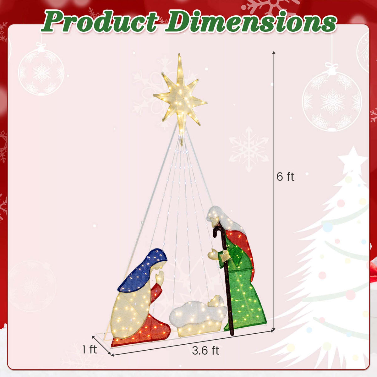 Costway 6 FT Lighted Nativity Scene with 240 LED Lights Zip Ties & Ground Stakes