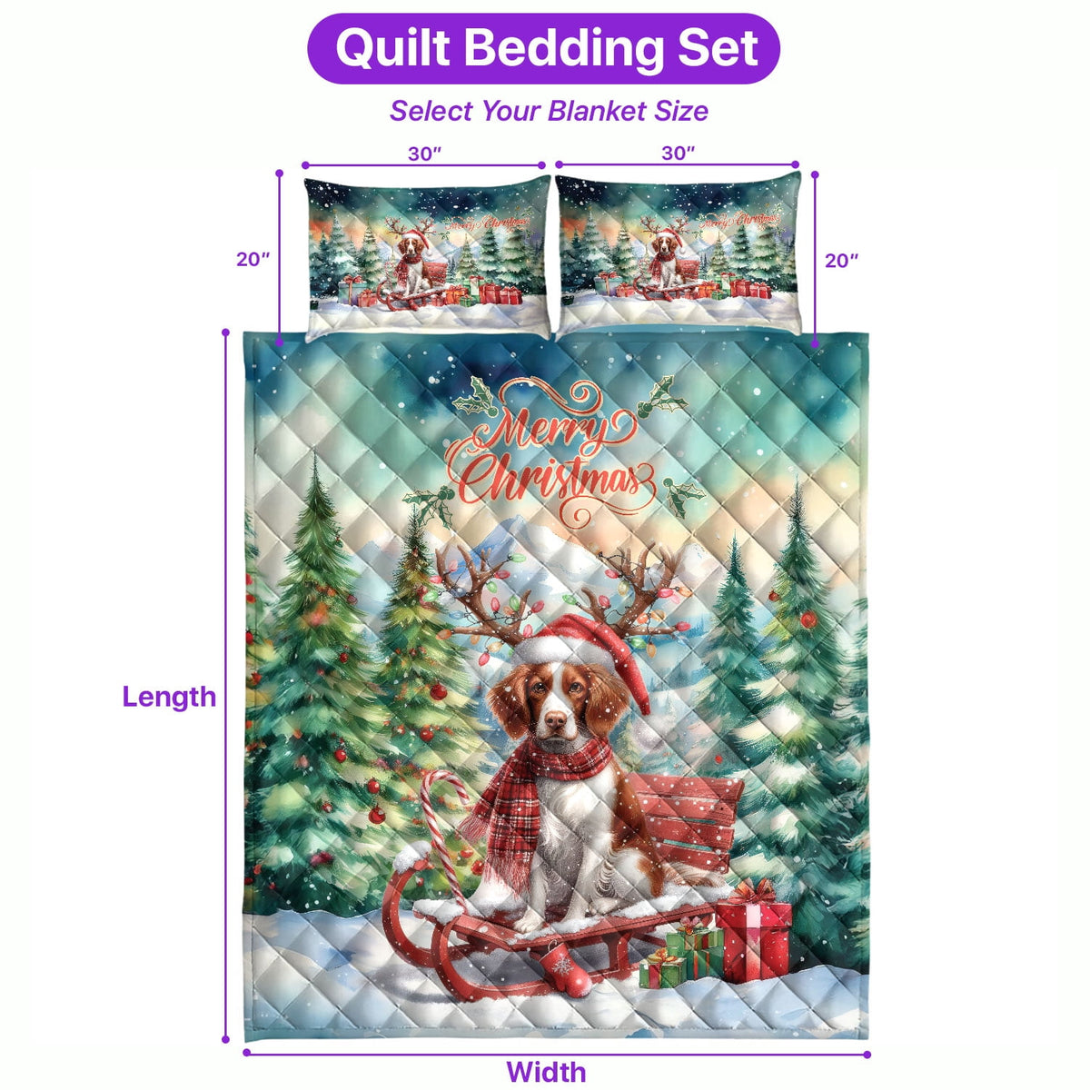 Merry Christmas Santa Reindeer Antlers French Bulldog Sleigh Xmas Winter Holiday Quilt Bedding Set Dog Lover Gifts 1 Blanket Bed Cover 2 Pillowcases - 00023