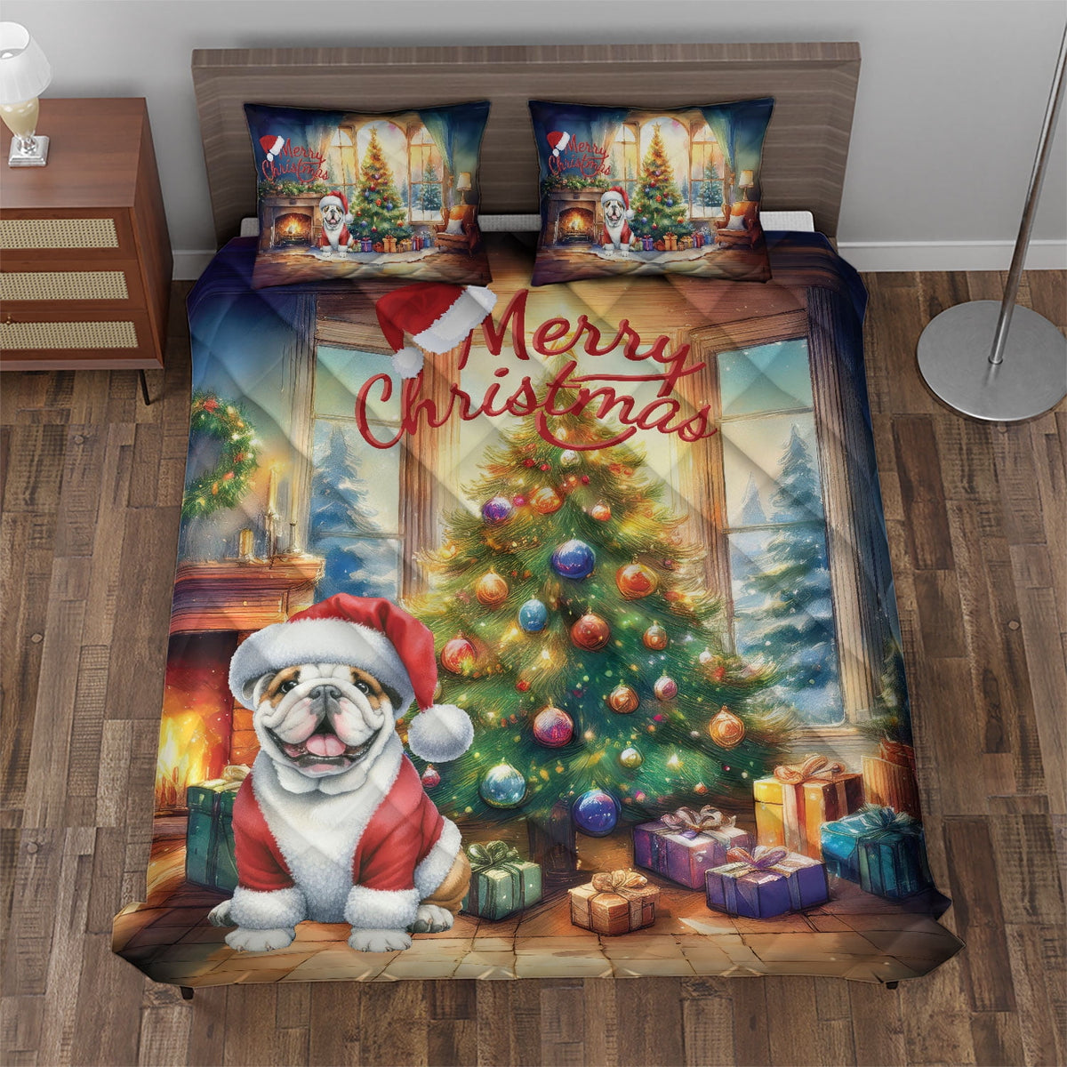 Merry Christmas French Bulldog Santa Hat Xmas Tree Winter Holiday Quilt Bedding Set Dog Lover Gifts 1 Blanket Bed Cover 2 Pillowcases - 01013