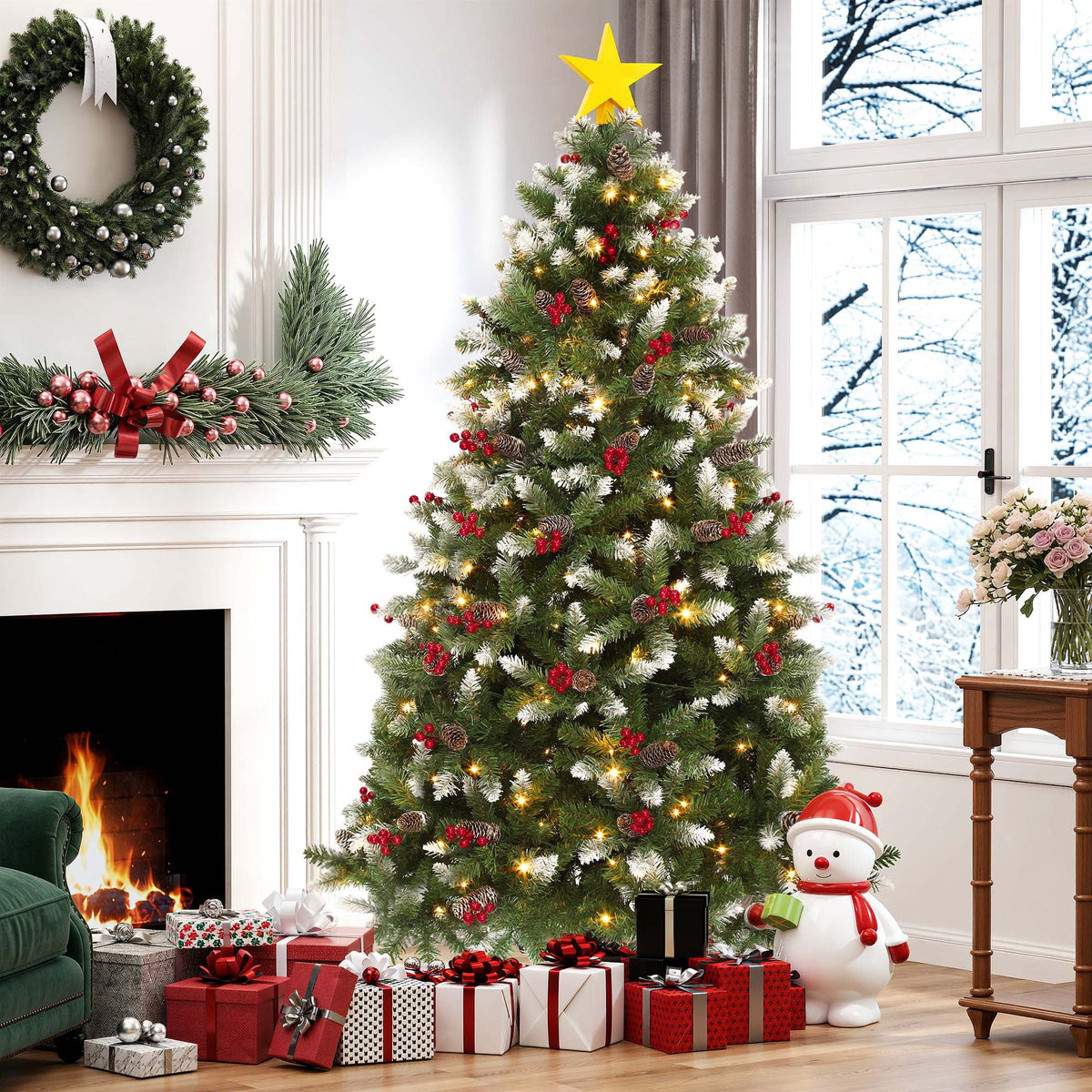 Uforic 9ft Pre-Lit Artificial Hinged Christmas Tree with 2058Frosted Tips & 900 Lights, 111Pine Cones & 111Red Berries, Remote Control, Green