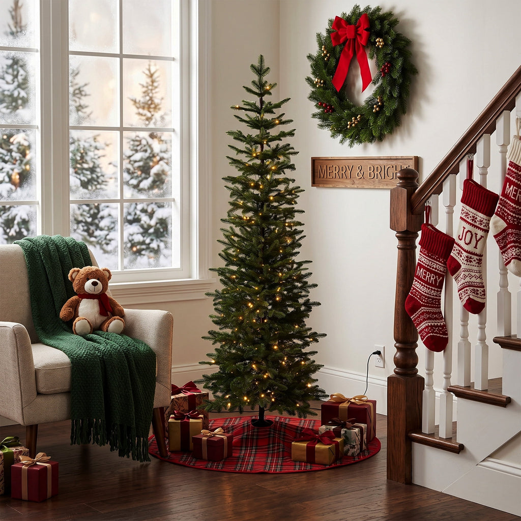 DR.Planzen 6ft Prelit Pencil Christmas Tree with 150 Warm White LED Lights, 1571 PE Branch Tips, Iron Base, Slim Artificial Christmas Tree for Apartment, Entryway, Corner, Office