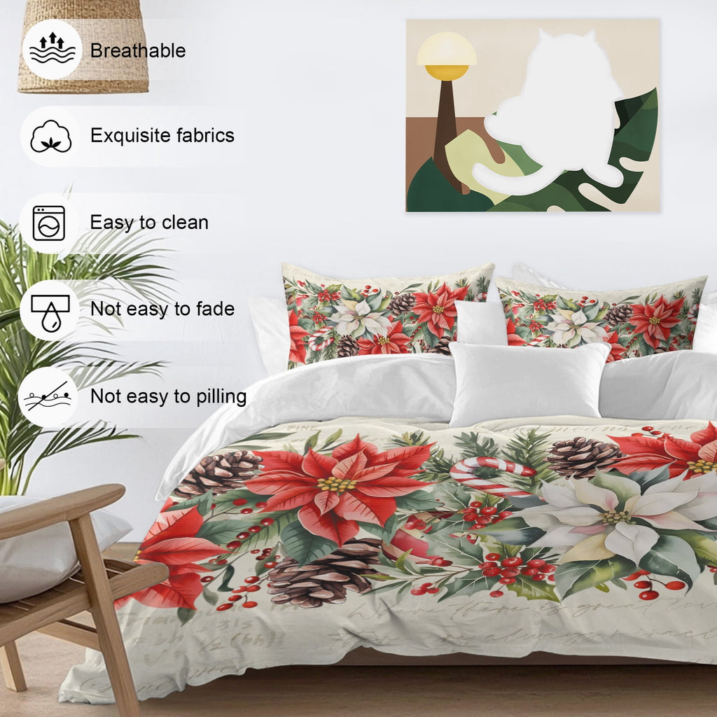 Red White Flowers Bedding Duvet Cover Set Twin 4 Pieces Pine Cone Winter Snowflakes Christmas Vintage Letter Bedding Set with Zipper Closure,1 Comforter Cover 68x90 In 1 Flat Sheet & 2 Pillow Cases