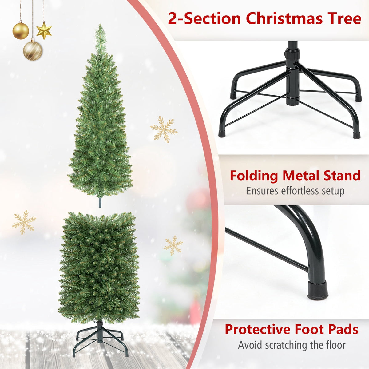 Costway 6 FT Pencil Christmas Tree Pre-Lit Folding Metal Stand Green