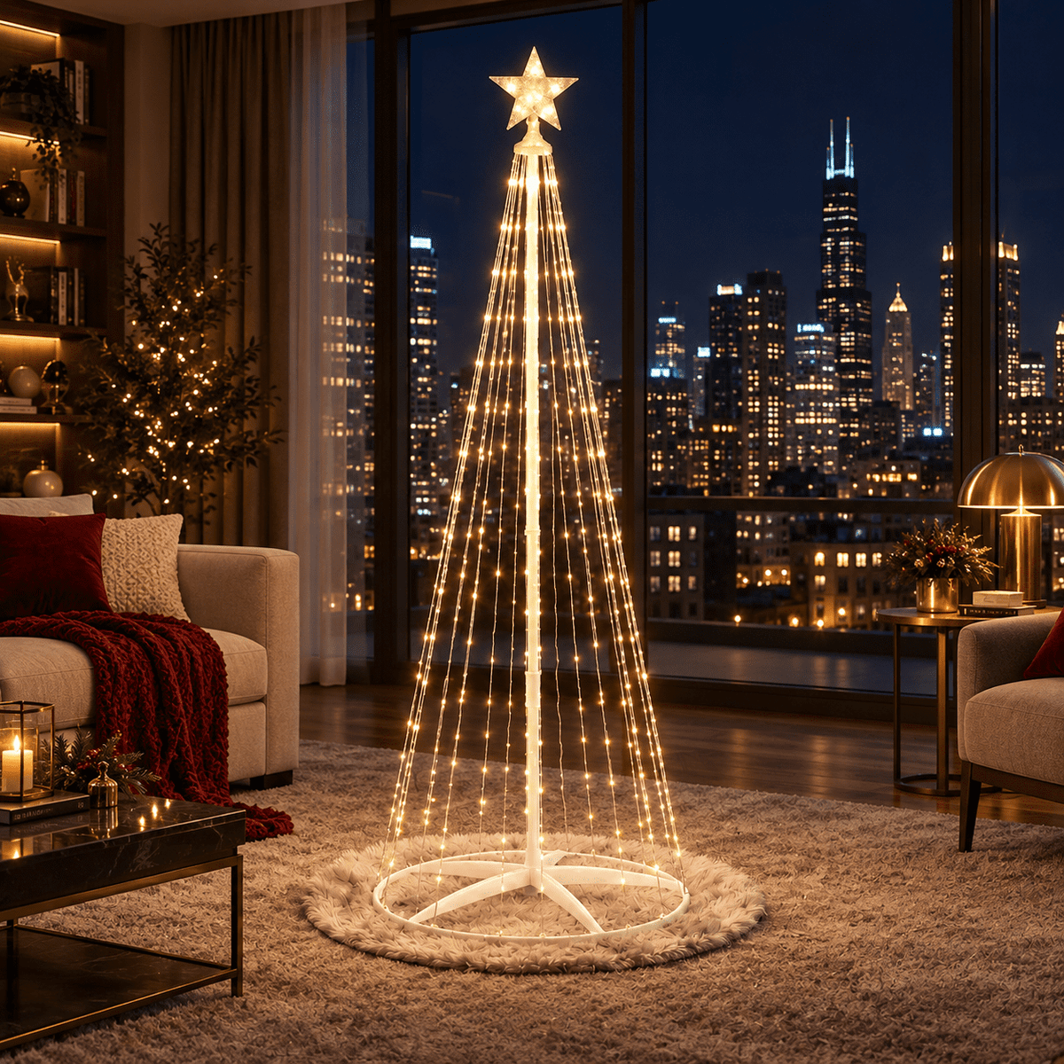 1 Pack 8 lighting modes Dimmable Warm White LED Waterfall Cone Christmas Tree with Star Topper, Metal Stand, USB & Adapter Included, Pre-lit Lighted Xmas Tree for Indoor Outdoor Holiday Yard Decor