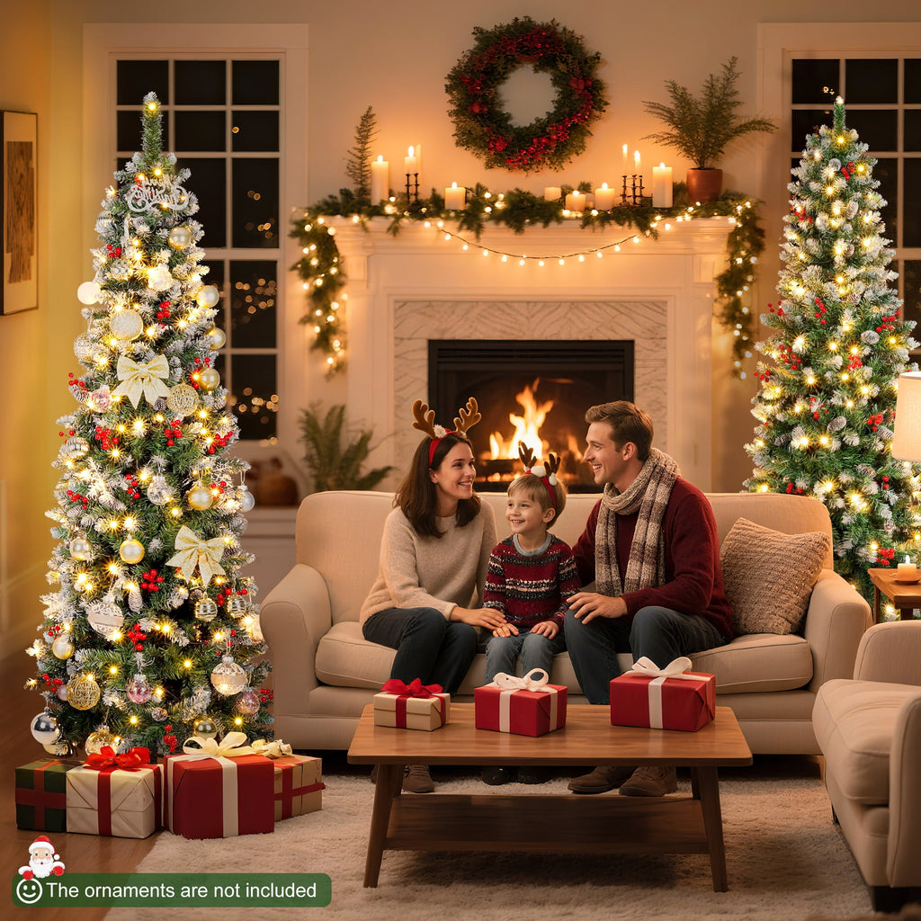 Aufeile 6ft Pencil Christmas Tree, Slim Pre-Lit Xmas Tree, 200 LED Lights, 600 Hinged Tips, Pine Cones, Berries, Metal Stand
