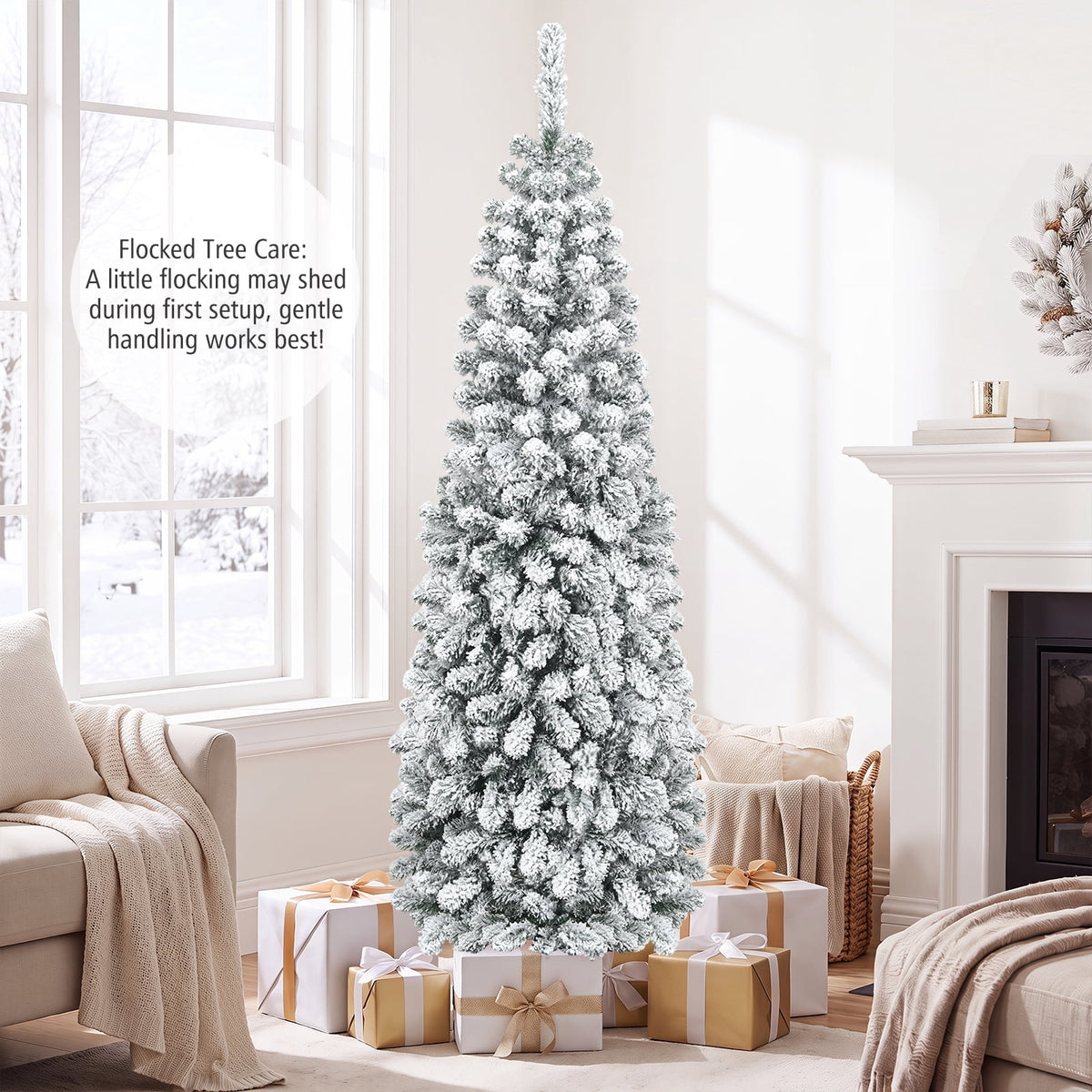 Costway 7.5 FT Unlit Flocked Pencil Christmas Tree Hinged with 641 Branch Tips