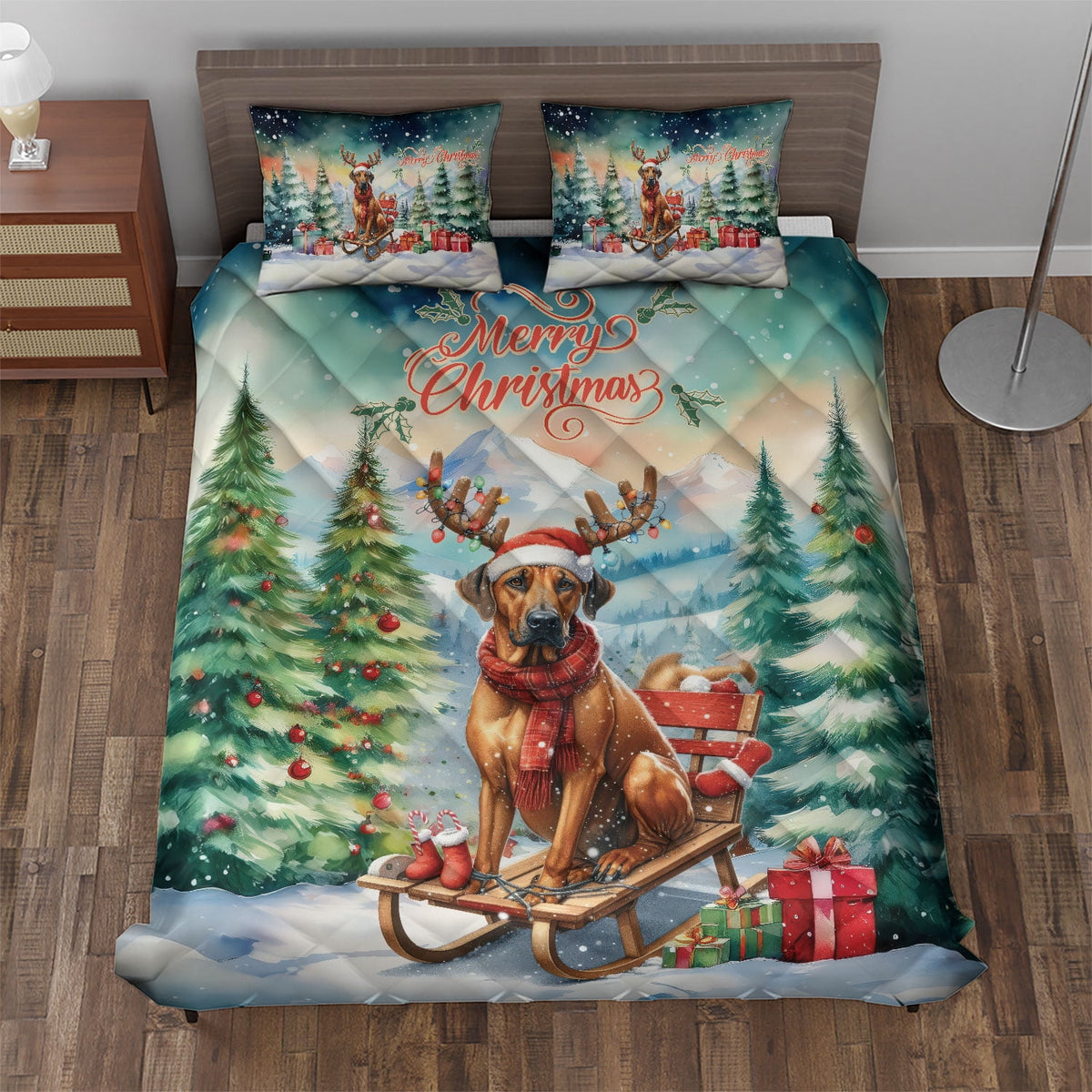 Merry Christmas Santa Reindeer Antlers French Bulldog Sleigh Xmas Winter Holiday Quilt Bedding Set Dog Lover Gifts 1 Blanket Bed Cover 2 Pillowcases - 00023
