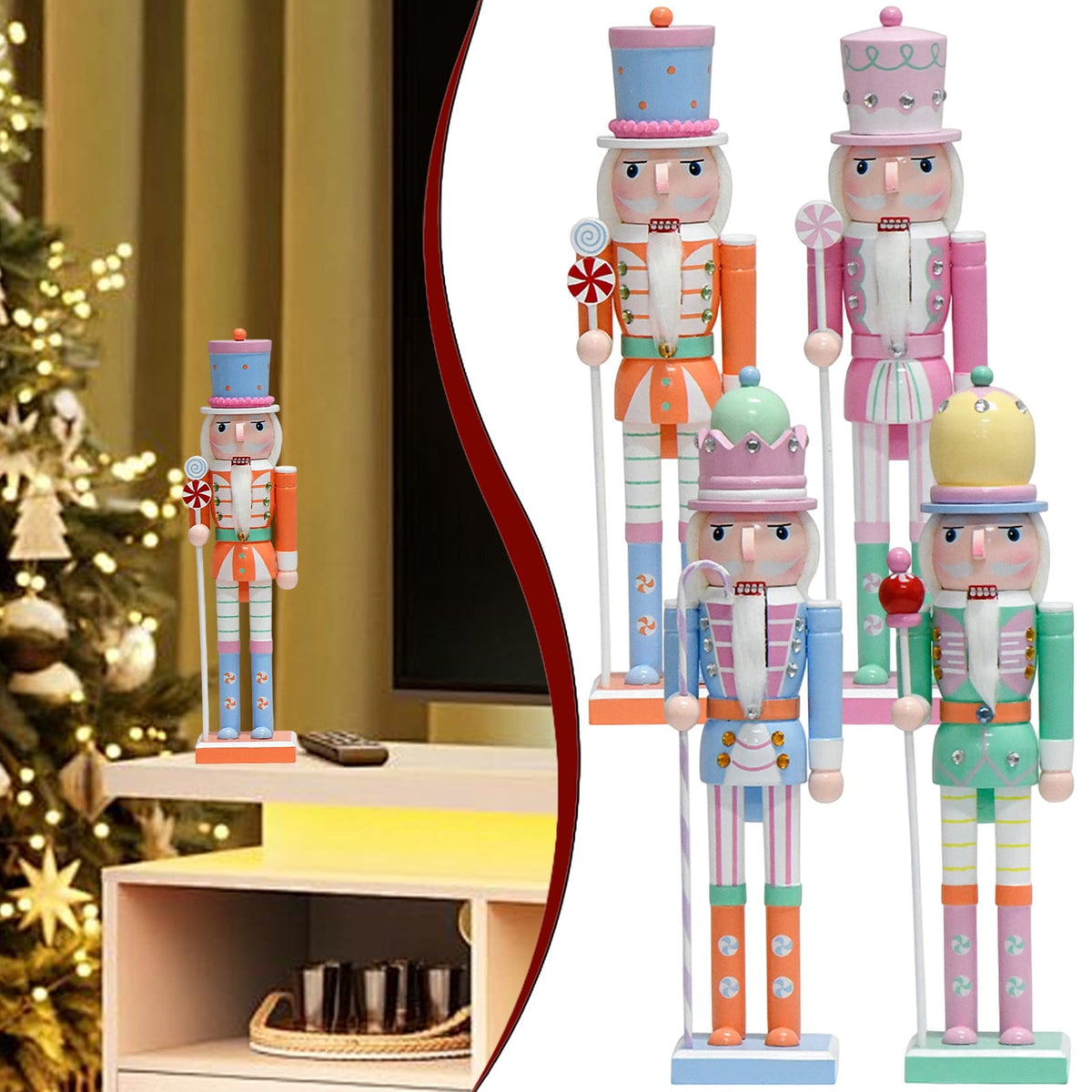 Wooden Nutcracker Soldier Figurine 4-Piece Set, Christmas Tabletop Decor for Mantel Shelf Window Holiday Home Decoration 14.96"