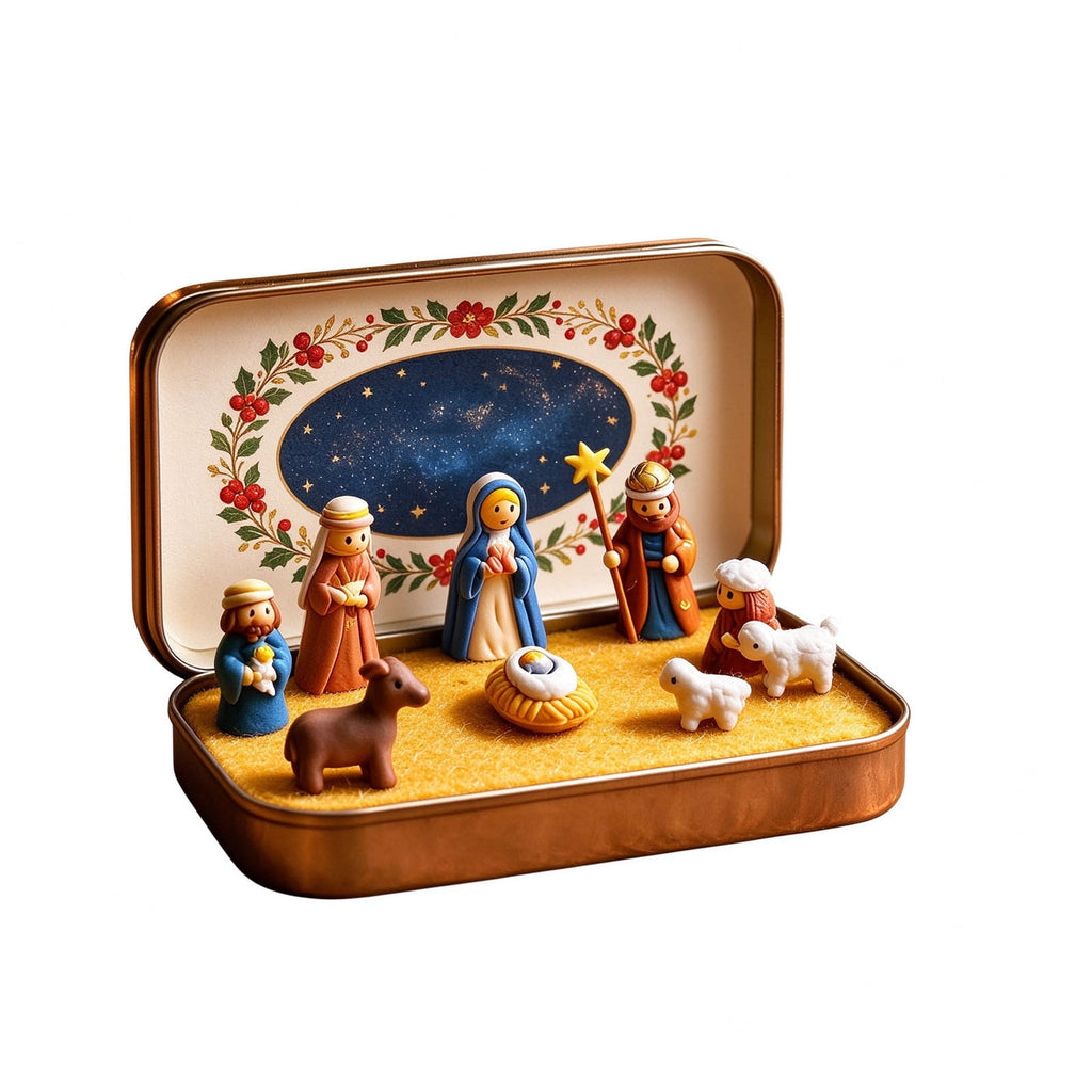 Daghihgewr Mini Christmas Nativity Set Tabletop Tin Box Multicolor Indoor Religious Ornament 1-Count 3.9 x 2.8 x 1.2 Inch