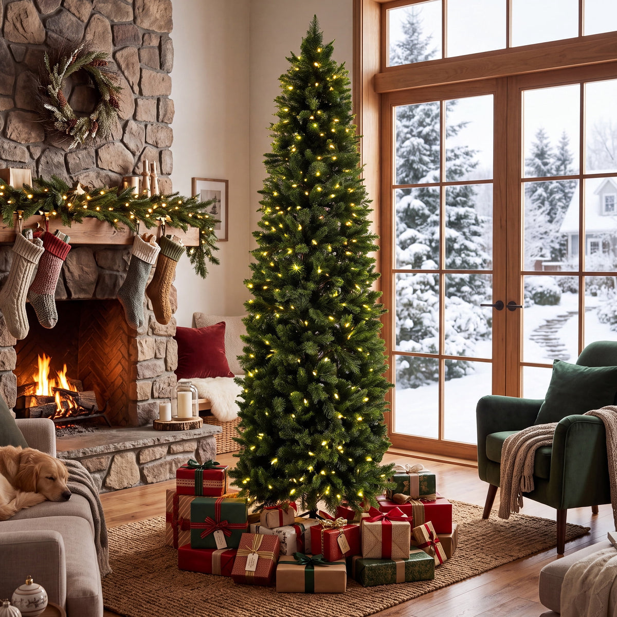 JIOABL 6-Foot Pre-Lit Fraser Fir Pencil Artificial Christmas Tree, Offering 8 Warm Light Modes, Green