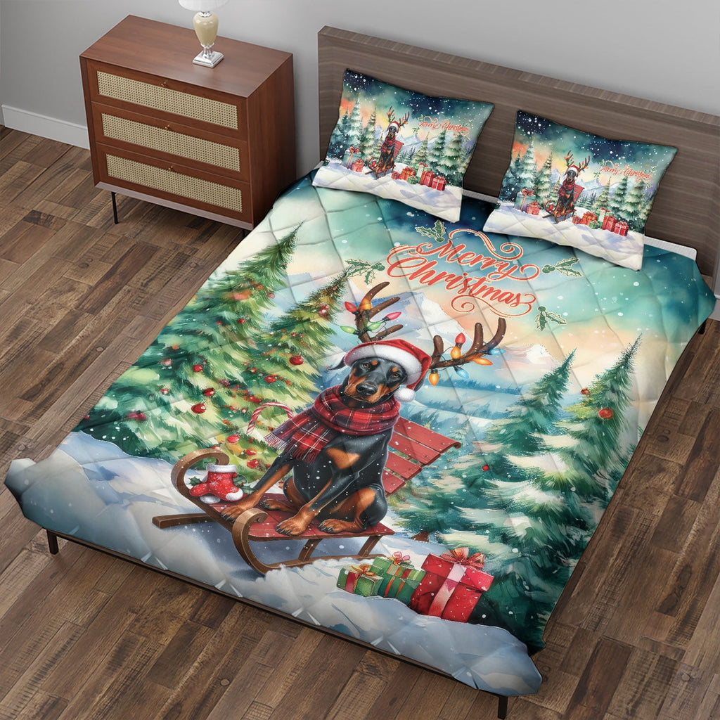 Merry Christmas Santa Reindeer Antlers French Bulldog Sleigh Xmas Winter Holiday Quilt Bedding Set Dog Lover Gifts 1 Blanket Bed Cover 2 Pillowcases - 00023