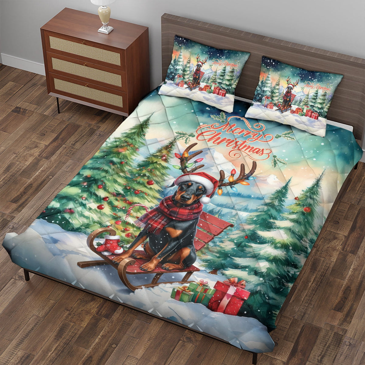 Merry Christmas Santa Reindeer Antlers French Bulldog Sleigh Xmas Winter Holiday Quilt Bedding Set Dog Lover Gifts 1 Blanket Bed Cover 2 Pillowcases - 00023