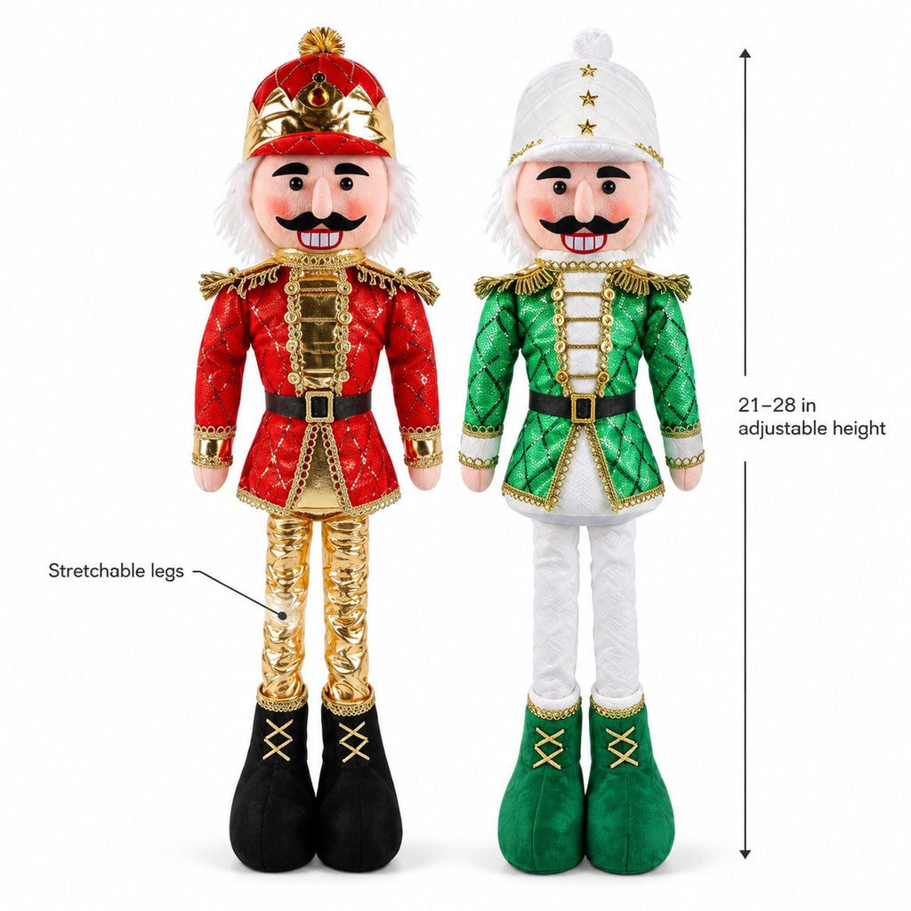 Christmas Nutcracker Figurines with Stretchable Legs, 2 Pack, 21 to 28 Inches, Red and Green Fabric, for Mantel and Home Decor