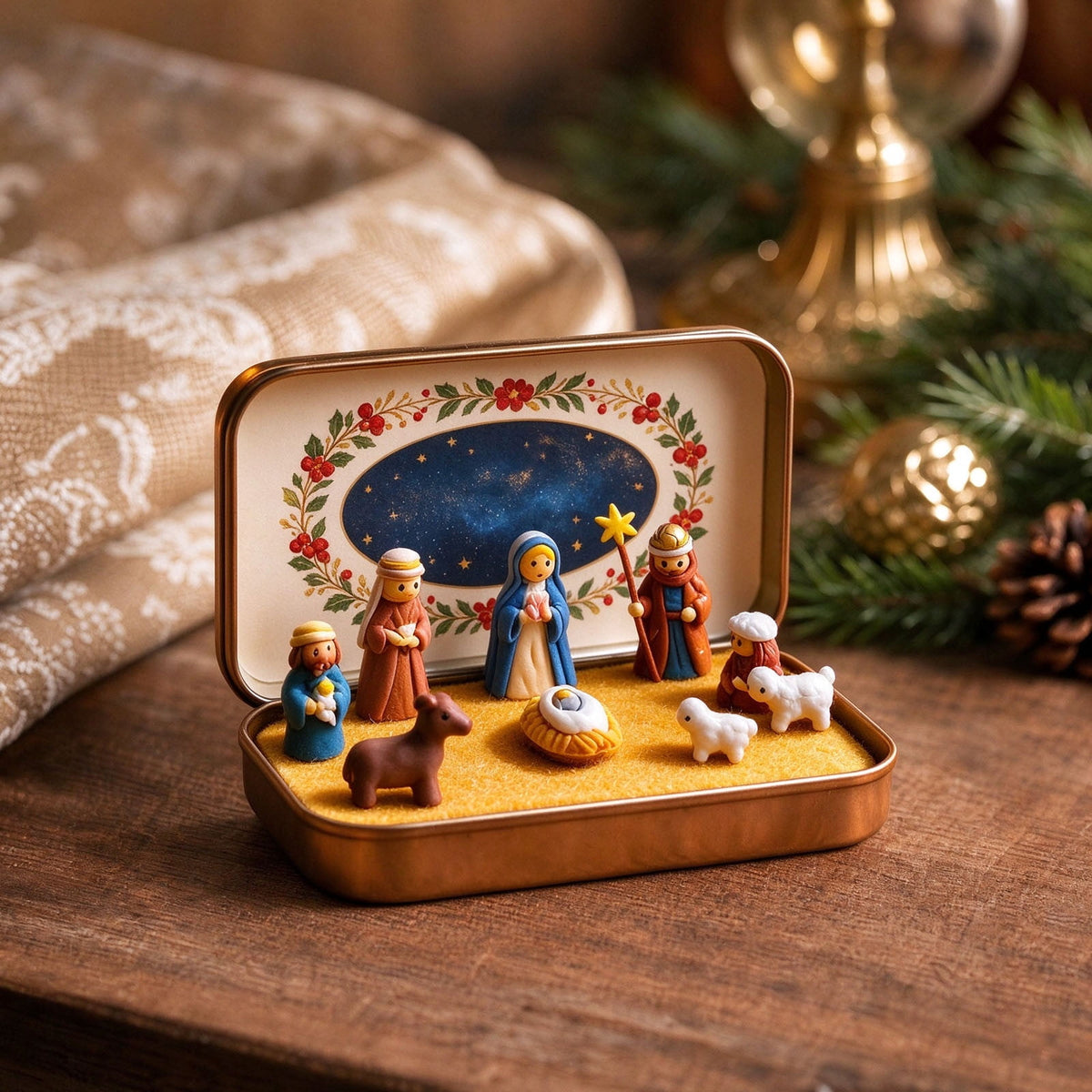Daghihgewr Mini Christmas Nativity Set Tabletop Tin Box Multicolor Indoor Religious Ornament 1-Count 3.9 x 2.8 x 1.2 Inch