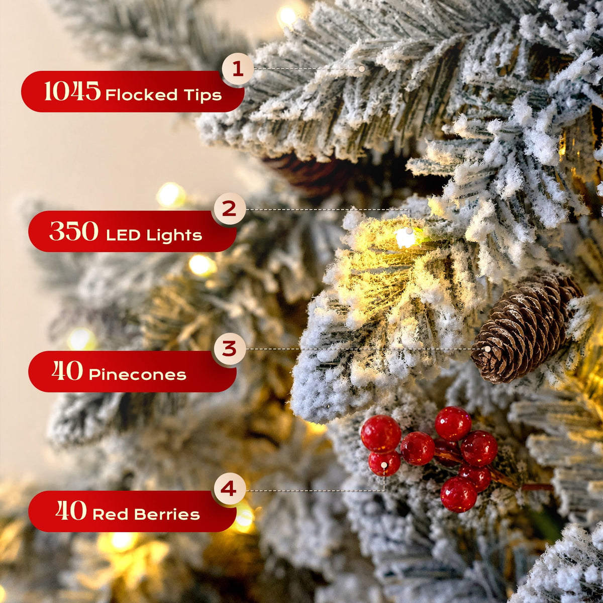 Goosiay Artificial Christmas Tree Pre-Lit Flocked Hinged with Red Berries & Pinecones, 350 Warm White & Multicolor LED Lights, 7 ft